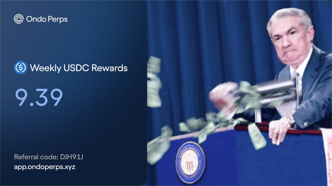 An advertisement for 'Ondo Perps' showing 'Weekly USDC Rewards 9.39' with referral code 'DIJH91J' and a meme image of a man throwing money at a podium.