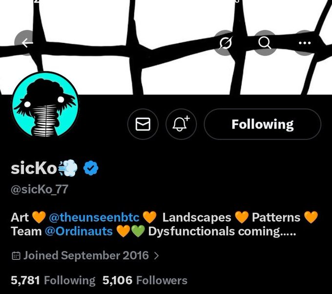The image features a Twitter post from @sicko_77, an artist who has recently released a collection of Ethereum NFTs. The post includes a photo of the artist's face, which adds a personal touch to the account. The post also mentions that the artist is "only" receiving a small amount of supply and that it was discovered by a user named @TheUnseenBtc. The post has been shared with 581 followers who are interested in the artist's work.