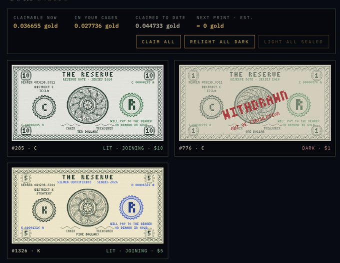 A user dashboard for "The Reserve" displays claimable gold balances (0.036655 gold available, 0.027736 gold in cages, 0.044733 gold claimed) alongside three series 2406 collectible banknotes: a #285 Reserve Note "C" valued at $10 (Lit/Joining), a #776 Reserve Note "C" valued at $1 marked "WITHDRAWN," and a rare #1326 Silver Certificate "K" valued at $5 (Lit/Joining). The image illustrates the user's gold earnings and note collection, visually answering the post's questions about the Silver Certificate (shown as a rarer "K" denomination) and highlighting the platform's printing rewards.