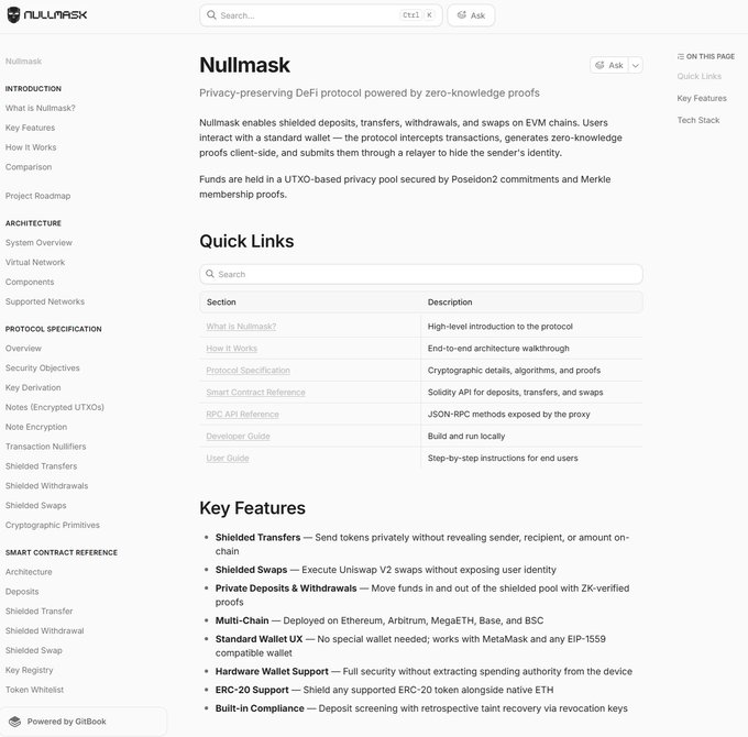 A documentation webpage for 'Nullmask', a privacy-preserving DeFi protocol powered by zero-knowledge proofs, featuring sections like Quick Links and Key Features detailing shielded deposits, transfers, and withdrawals.