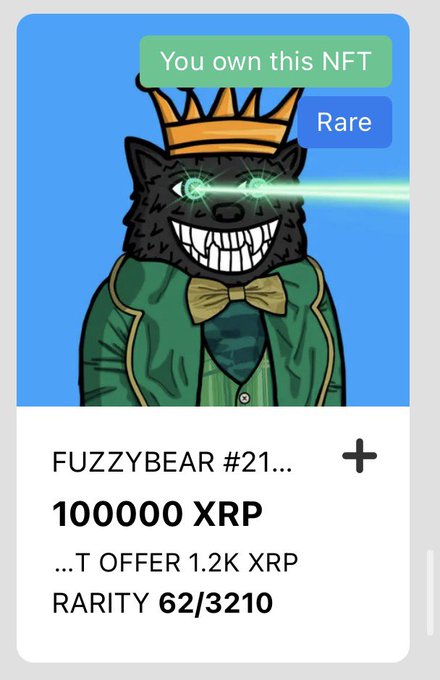 An NFT listing card for FUZZYBEAR #21... marked as 'Rare' with 'You own this NFT,' priced at 100,000 XRP with a top offer of 1.2K XRP and rarity 62/3210.