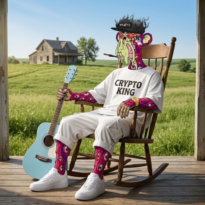 A digital illustration of a grotesque cartoon character with pink tentacle-like facial features, wearing a 'CRYPTO KING' t-shirt, white pants, and a 'MA VC' hat, sitting in a rocking chair holding a blue guitar, with a farmhouse in the background.