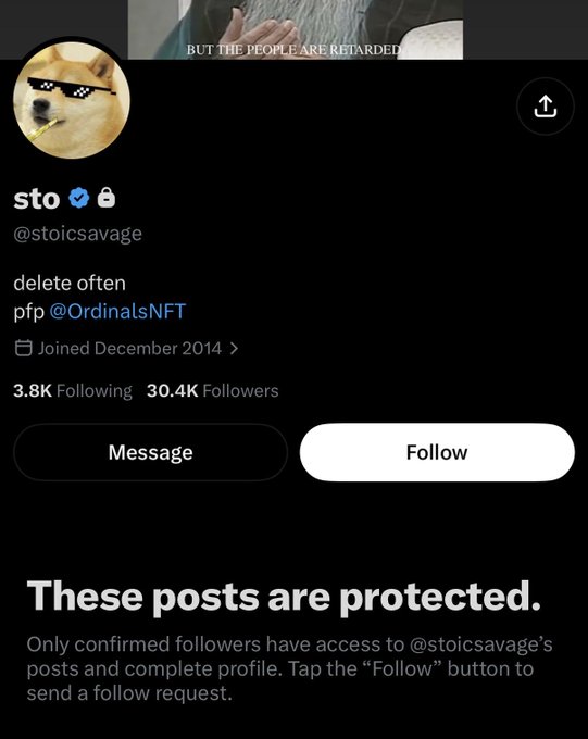 A Twitter/X profile page for user 'sto' (@stoicsavage) showing 30.4K followers, with the message 'These posts are protected' and a 'delete often' bio.