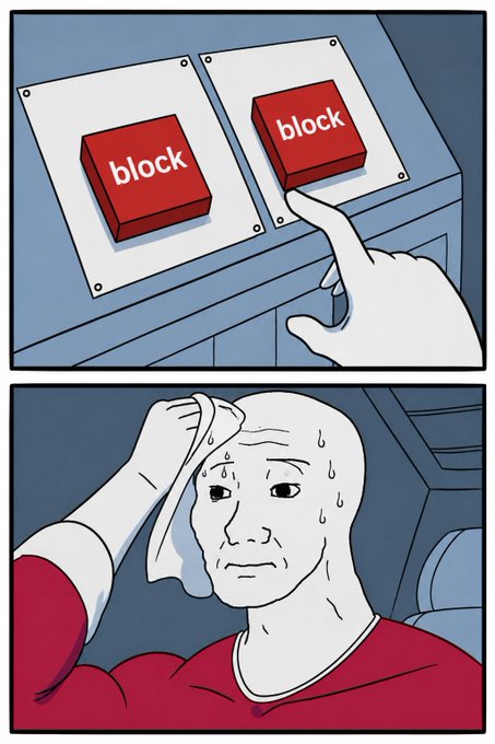 The image is a two-panel "Wojak" meme: the top panel shows a hand pressing a red "block" button, and the bottom panel shows a sweating, anxious Wojak wiping his brow.

The meme humorously illustrates the inner conflict described in the post—the temptation to block crypto Twitter users who discuss coins other than $WOJAK—paired with the sweaty guilt or anxiety of actually following through on it.