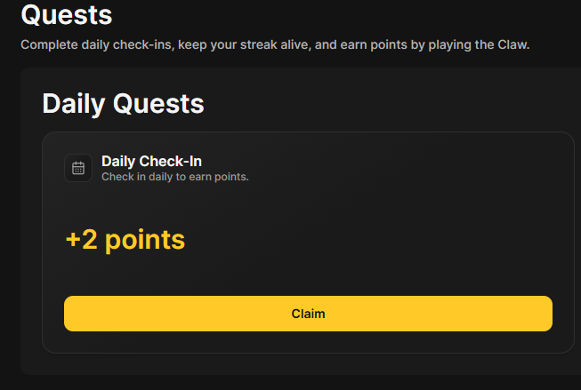 A dark-themed digital interface for 'Quests' showing a 'Daily Check-in' that awards '+2 points' with a yellow 'Claim' button.