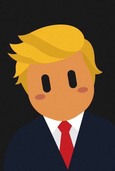 A minimalist cartoon avatar of a blonde man with black oval eyes and pink cheeks, wearing a dark blue suit, white shirt, and red tie against a dark gray background.