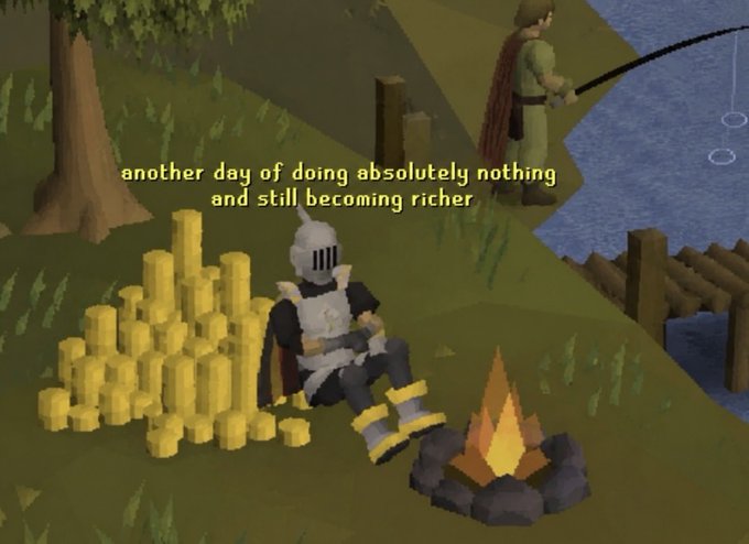 A screenshot from Old School RuneScape showing a knight character relaxing by a campfire next to a pile of gold coins, with text reading 'another day of doing absolutely nothing and still becoming richer' while another player fishes in the background.
