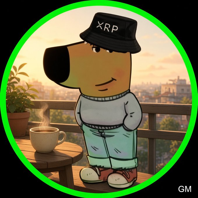 A stylized cartoon illustration shows a dog-headed character wearing a black bucket hat labeled 'XRP', a white sweater, and rolled-up pants, standing by a steaming cup of coffee on a balcony.