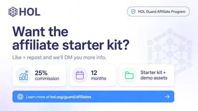 A promotional graphic for the 'HOL Guard Affiliate Program' asking 'Want the affiliate starter kit?' with details: 25% commission, 12 months, Starter kit + demo assets, and a link to 'hol.org/guard/affiliates'.