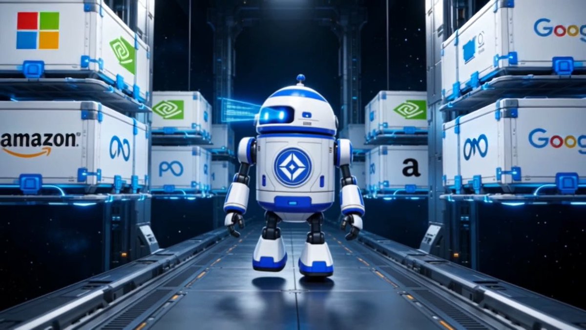 A futuristic blue and white robot stands in a high-tech facility with servers or containers labeled with tech company logos including Microsoft, NVIDIA, Google, and Amazon.