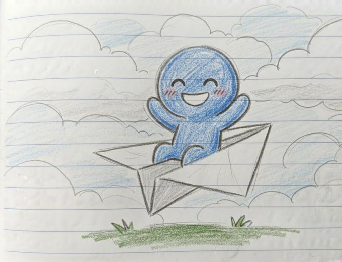 A colored pencil drawing on lined paper depicting a happy blue character flying a paper airplane above a patch of grass with clouds in the background.