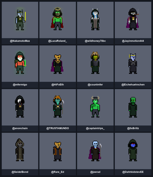 A 4x4 grid of pixel art avatar profiles with usernames including @NakamoloMax, @LucaRoland_, @wildhoney78bc, @Jayinmotion444, @mfermigo, @HiFoEih, @countmfer, @Eichehuehnchen, @anonchain, @TRUSTAMUNDO, @captainfrips_, @0xBriiliz, @SeidelBond, @Rare_Ed, @seerad, and @DahhkidsteVEE.