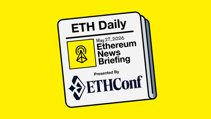 The image features a yellow background with white text that reads "ETH Daily" at the top, followed by "Ethereum News Briefing" below it, and "SoFiUSD stablecoin Cash App USDC transfers Aztec acquires Obsidion". The text is in black font against the yellow background.