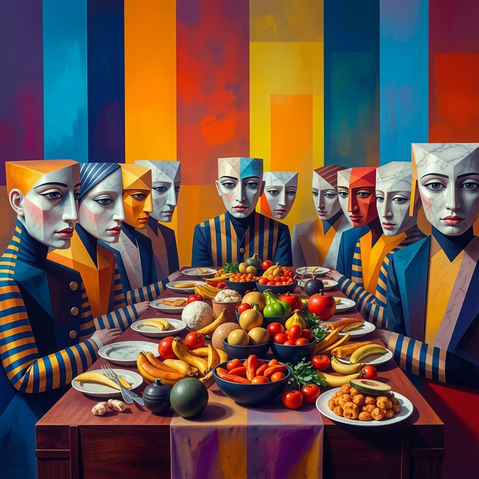 A vibrant, cubist-style painting depicting a group of angular figures gathered around a table filled with various fruits, vegetables, and dishes.