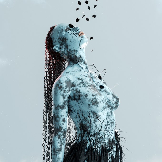A surreal digital artwork of a pale, fragmented female figure with chains in her hair and cracks across her body, with petals or fragments scattering into a light sky.