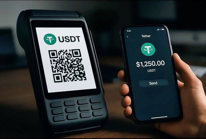 A scene showing a payment terminal displaying a USDT QR code next to a smartphone showing a Tether wallet balance of $1,250.00 USDT with a Send button.