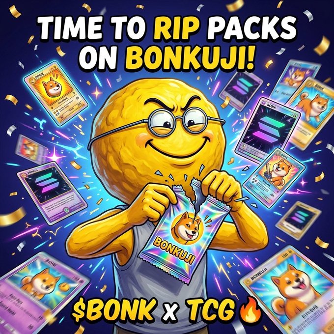 The image features a cartoon character holding a bag of BonkUji cards, which are related to Pokémon oropa culture. The character appears to be tearing up some cards from the pack while standing against a blue background with confetti falling around them. The text in the image reads "Time to Rip Packs on Bonkuj!" and "BONKUJI is officially entering the TCG space with BONKUJI! Inspired by Japanese Pokémon oropa culture, BONKUJI brings on-chain pack ripping, trading, collecting + the ability to redeem for real physical cards."