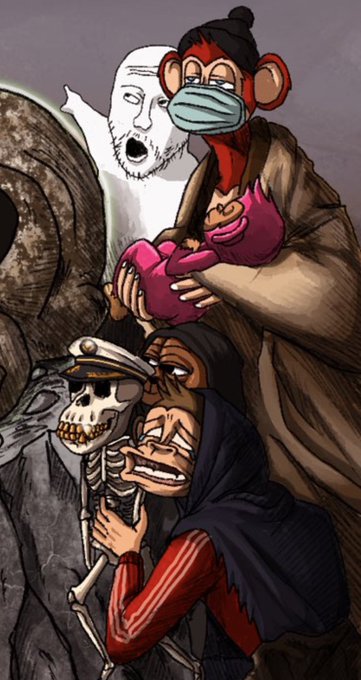 A dark digital illustration depicting figures including a screaming pale face, a monkey in a face mask, a skeleton in a military cap, and a grim reaper-like character embracing the skeleton.