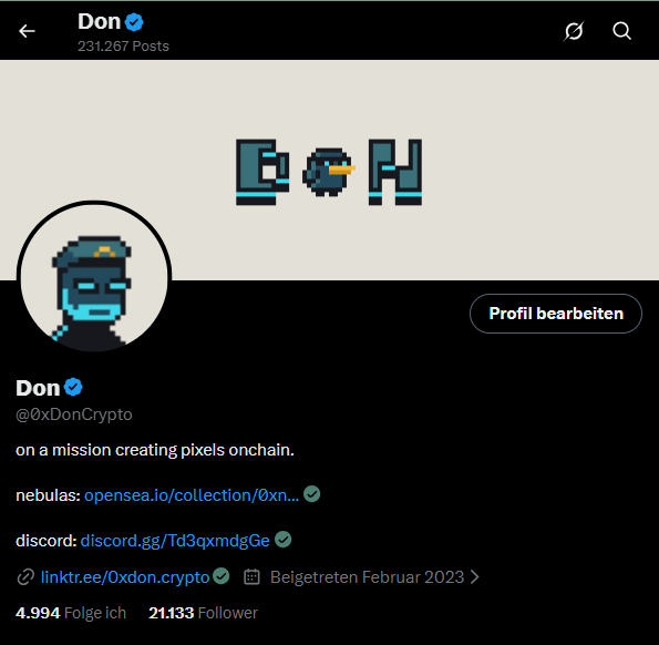 This is a Twitter/X profile page for "Don" (@0xDonCrypto), a verified account with 231,267 posts and 21,133 followers, featuring pixel art of the word "DON" and a pixelated ninja-style PFP. The bio describes Don as "on a mission creating pixels onchain" with links to his OpenSea collection "nebulas" and Discord, aligning with the post's announcement about working on a new pixel art NFT project called "QuBits" with 200+ traits on the Ethereum blockchain.