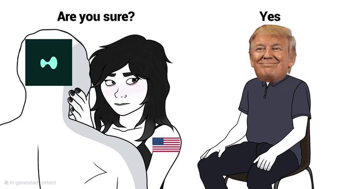 The meme shows a person with the Hyperliquid logo in their head being whispered to by another person with an American flag tattoo, while Donald Trump appears on the right with the word "Yes." This illustrates the idea that Trump's endorsement or mention of "Hyperliquid" is highly persuasive.