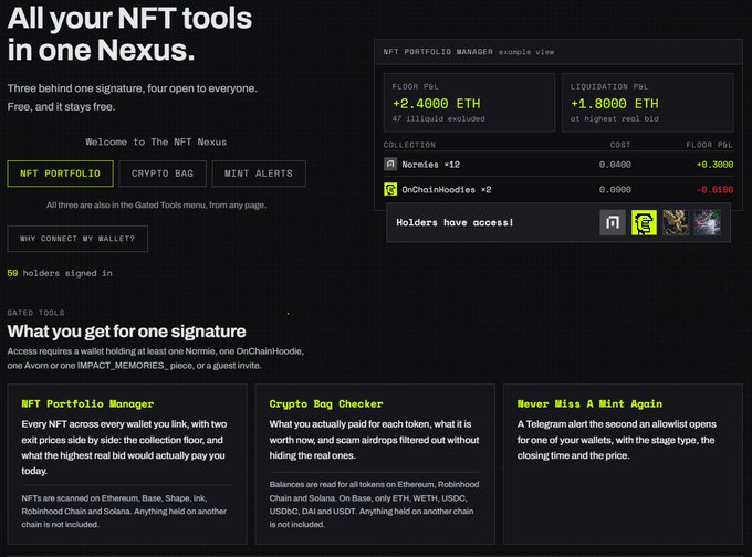 A website screenshot titled 'All your NFT tools in one Nexus,' showing sections for 'NFT PORTFOLIO,' 'CRYPTO BAG,' and 'MINT ALERTS,' with an example portfolio displaying 'Normies +2' and 'OnChainHoodies +2'.