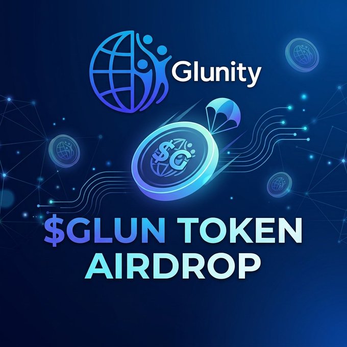 Promotional graphic for a '$GLUN TOKEN AIRDROP' featuring the 'Glunity' logo and a glowing blue coin with a parachuting icon against a digital network background.