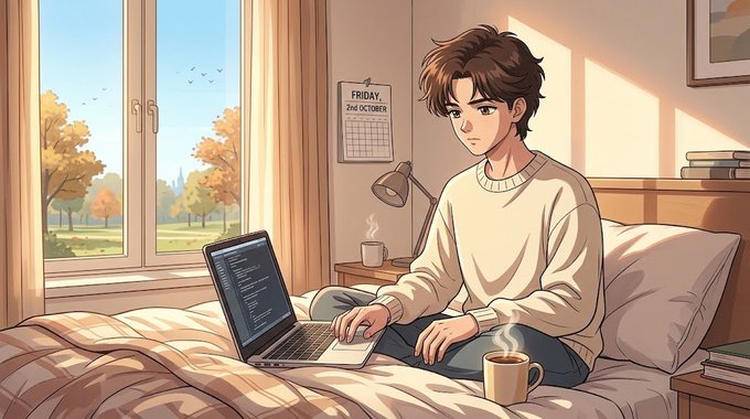 An anime-style illustration of a young man with brown hair in a cream sweater working on a laptop while sitting on a bed in a sunlit room.