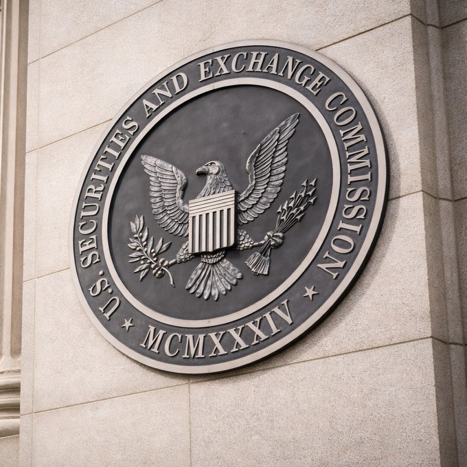 The U.S. Securities and Exchange Commission (SEC) seal is mounted on the side of a stone building, with the Roman numeral "MCMXXXIV" (1934) marking its founding year. The seal relates to the post by symbolizing the SEC regulator discussed in TD Cowen's assessment of its tokenized stock innovation exemption and limited near-term adoption.