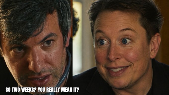 A side-by-side meme comparing two men's faces with the caption 'SO TWO WEEKS? YOU REALLY MEAN IT?'