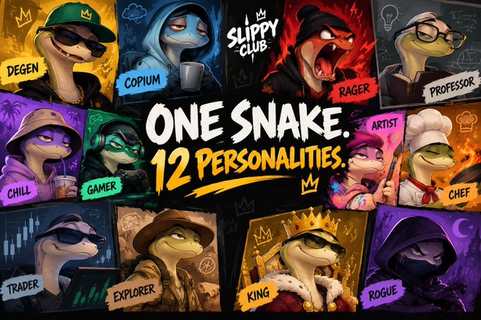 Promotional graphic for 'SLIPPY CLUB' NFT collection featuring the tagline 'ONE SNAKE. 12 PERSONALITIES.' alongside cartoon snake characters labeled Degen, Copium, Rager, Professor, Chill, Gamer, Artist, Chef, Trader, Explorer, King, and Rogue.