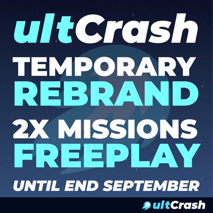 Promotional graphic for ultCrash announcing a temporary rebrand with 2x missions freeplay until end of September.