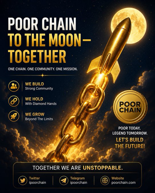 The image features a poster with a rocket ship, which appears to be gold, flying towards the moon. The poster also includes text that reads "Pork Chain To The Moon - Together We Are Unstoppable. Let's build history." This message is related to the cryptocurrency world and emphasizes the importance of unity in achieving success.