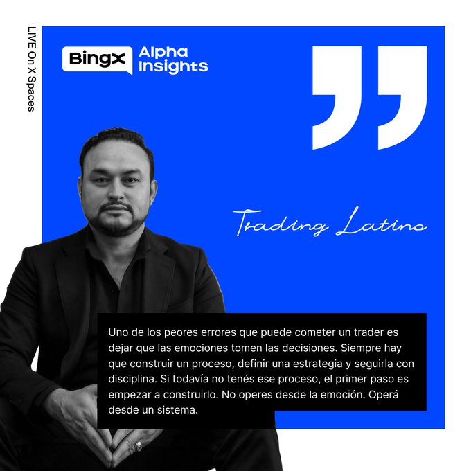 A promotional graphic for 'BingX Alpha Insights LIVE ON X Spaces' features a black-and-white photo of a man in a suit on a blue background, with the title 'Trading Latino' and Spanish text about avoiding emotional trading decisions.