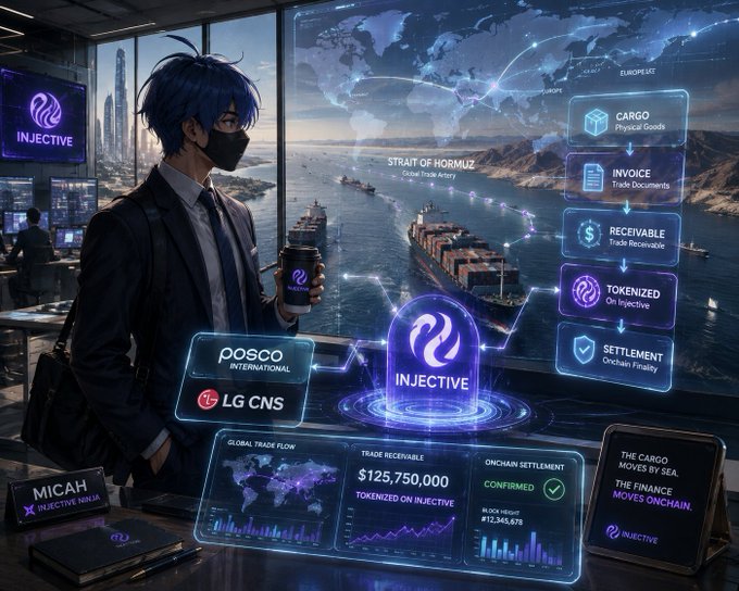 Anime-style illustration featuring a masked figure holding an Injective coffee cup, with floating tech interfaces showing trade flows, tokenized cargo, and blockchain settlement data alongside logos for INJ, POSCO INTERNATIONAL, and LG CNS.