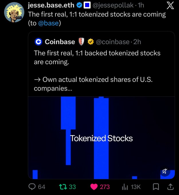 The image features a social media post from a person who has created a post about tokenized stocks, specifically those of a company named "Coinbase", which is known for its cryptocurrency trading platform called Coinbase. The post contains an explanation about how tokens are tokenized onto stocks and some numbers displayed on the screen showing trends in different cryptocurrencies. There's also a screenshot of a coinbase account that has 1.1 tokenized shares worth $1 US Dollars, which was recently bought by another user. The overall theme is focused on cryptocurrency trading and the process of tokenizing shares into digital currency tokens.