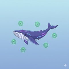 A stylized 3D illustration of a blue and purple whale swimming in a light blue gradient background, surrounded by small green smiley face icons.