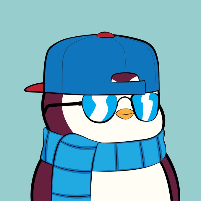 A cartoon-style illustration of a penguin character wearing a blue and red baseball cap worn backwards, large reflective sunglasses, and a blue striped scarf, set against a light blue background.