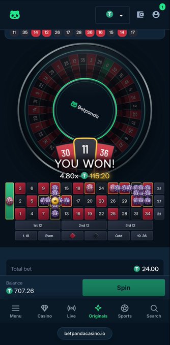 A Betpanda roulette game shows a winning spin landing on 11, earning $115.20 on a $24.00 total bet with $707.26 in balance. The "YOU WON!" display and recent payout visually support the celebratory tone of the post teasing a $25 USDT ERC20 giveaway tip.