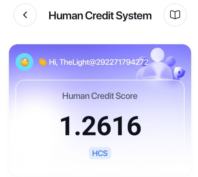 Screenshot of a Human Credit System app showing a greeting 'Hi, TheLight@292271794272' with a Human Credit Score of 1.2616 HCS.