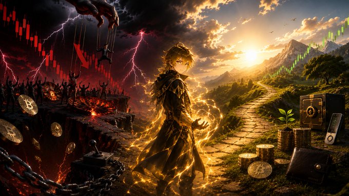 A fantasy digital illustration depicts a glowing anime-style character standing at the crossroads of a dark, lightning-strewn realm of falling crypto charts and a bright, hopeful landscape filled with gold coins and electronic devices.