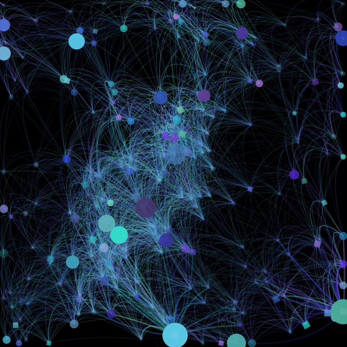 An abstract digital graphic displays a complex network of thin lines connecting various colored nodes, set against a black background.