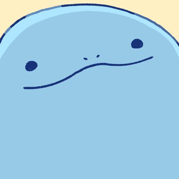 A simple cartoon illustration features a blue, rounded blob-like character with a small smile and two dot eyes.