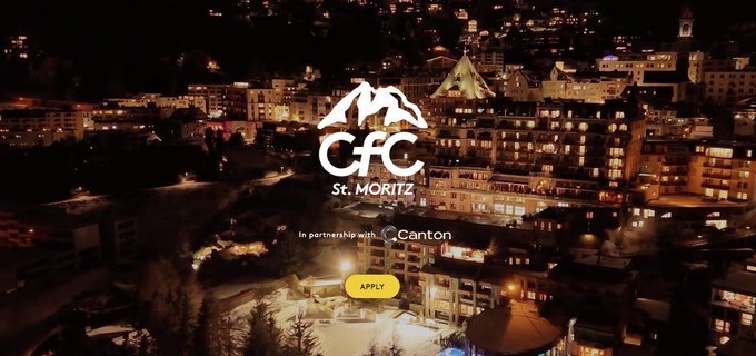 A nighttime aerial view of St. Moritz, Switzerland, featuring the CfC St. Moritz logo with mountain graphics, accompanied by text reading "In partnership with Canton" and an "APPLY" button. The image visually represents the partnership between Canton and the Crypto Finance Conference in St. Moritz by showcasing the iconic alpine town where the event takes place.