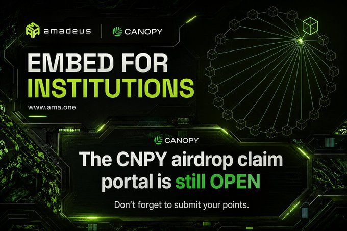 A promotional graphic for Amadeus and Canopy featuring the text "EMBED FOR INSTITUTIONS," "www.ama.one," and "The CNPY airdrop claim portal is still OPEN. Don't forget to submit your points," set against a green and black tech-themed background.