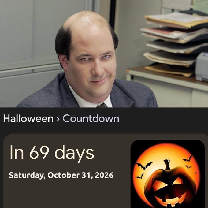 Kevin Malone from "The Office" smirks alongside an iOS Calendar widget counting down 69 days to Halloween on Saturday, October 31, 2026—capturing that "stay focused on the vision" mood with a perfectly timed seasonal milestone on the horizon.