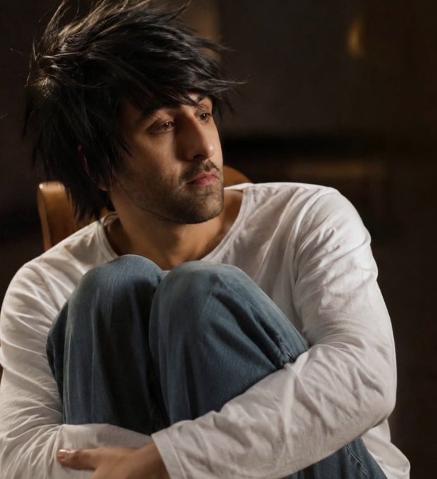 A young man with messy dark hair, wearing a white long-sleeve shirt and blue jeans, sits with his knees pulled up, looking thoughtfully to the side.