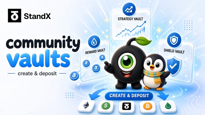 The image is a promotional graphic for StandX featuring "Community Vaults — Create & Deposit" alongside three cartoon mascots and illustrated vault cards labeled "Strategy Vault," "Reward Vault," and "Shield Vault," with cryptocurrency icons below. This visually represents the SIP-5B update by highlighting the new Community Vaults feature that allows users to collectively contribute capital for trading, maker incentives, and insurance.