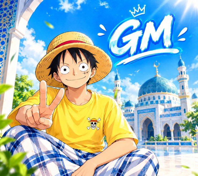 An anime-style illustration of Monkey D. Luffy from One Piece wearing his signature straw hat and yellow shirt, posing with a peace sign next to 'GM' text and a mosque in the background.