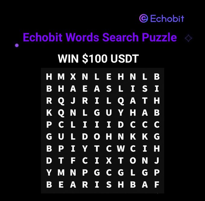 The image is a promotional graphic by Echobit featuring an "Echobit Words Search Puzzle" with a chance to win $100 USDT, displaying a 10x10 letter grid on a black background for participants to find 5 hidden words.