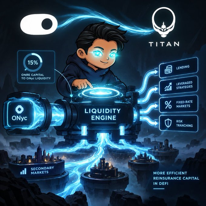 Digital illustration showing a 'LIQUIDITY ENGINE' with ONyc (15%) flowing into TITAN services including LENDING, LEVERAGED STRATEGIES, FIXED-RATE MARKETS, and RISK TRANCHING, labeled 'MORE EFFICIENT REINSURANCE CAPITAL IN DEFI'.